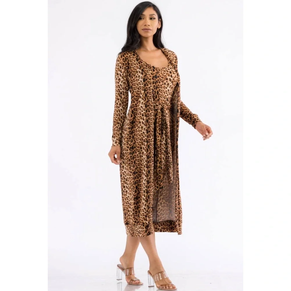 Two-Piece Dress and Cardigan Set, Sizes Small - 1XLarge (Leopard Print) - Picture 5 of 7